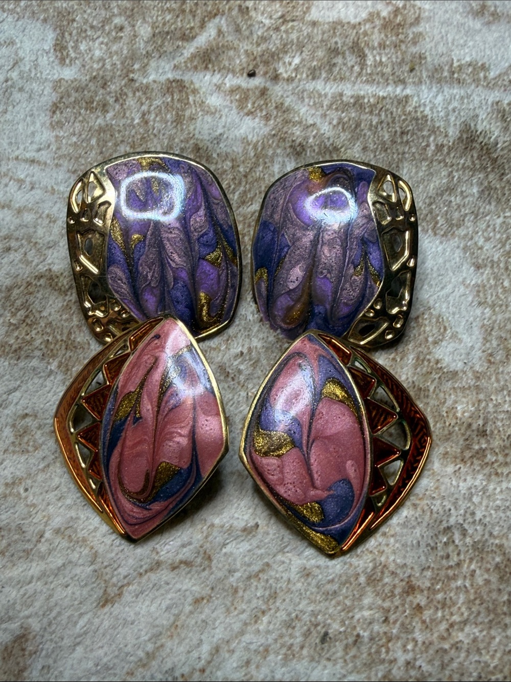 Vintage Berebi Enamel Gold-Tone Purple Earrings (2 pair)
